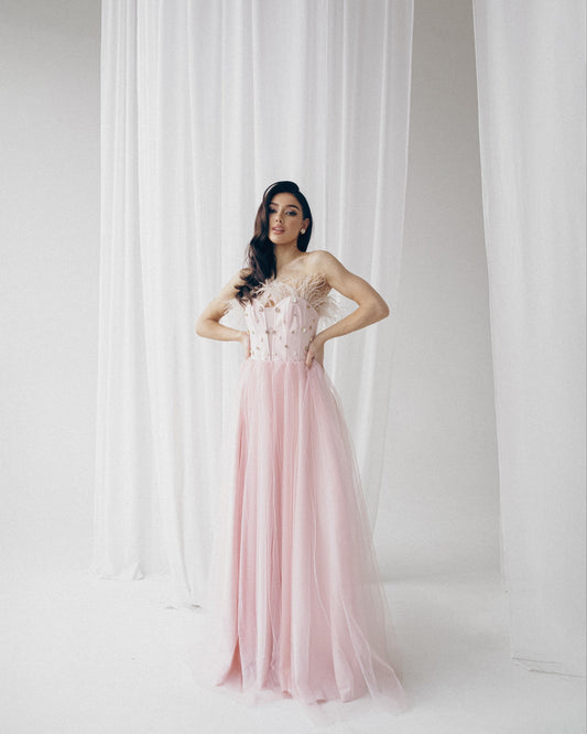 Pink feathers dress with corset bodice and fit and flare skirt, Prom tulle gown, Wedding guest dress, Homecoming dress, Evening dress