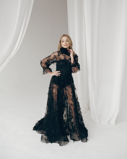 Black wedding dress, Gothic wedding dress, Goth bride dress, Black lace prom dress, Black tulle evening dress, Alternative bride gown