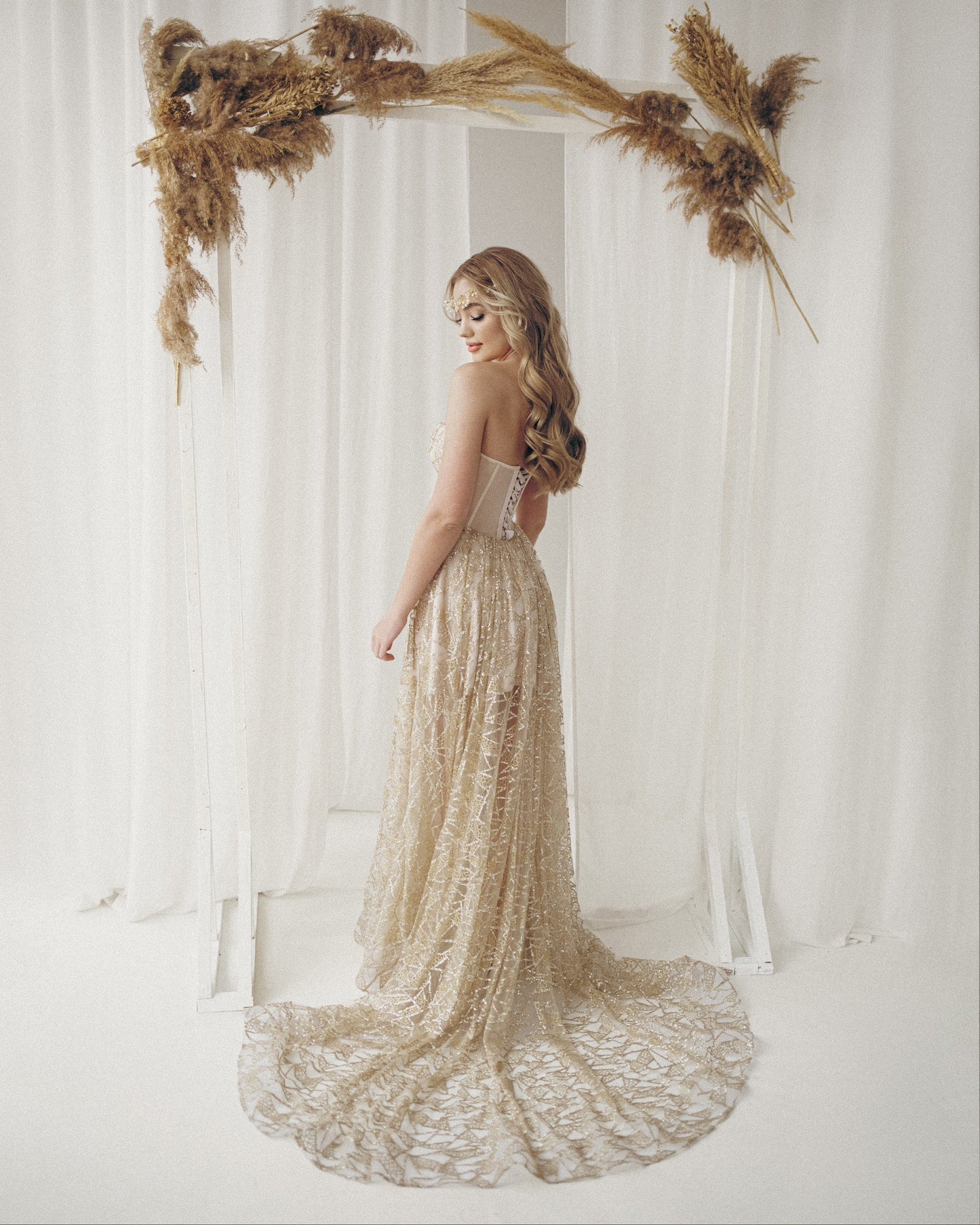 Golden Wedding dress, Bohemian Wedding dress, Sequin corset dress, Sparkling wedding gown, sequin wedding dress, golden tan prom dress