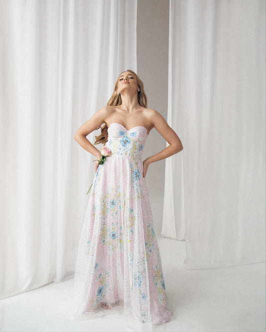 Bohemian wedding dress, floral wedding gown, alternative bride dress, pink wedding dress, pink prom dress, summer evening gown, corset dress
