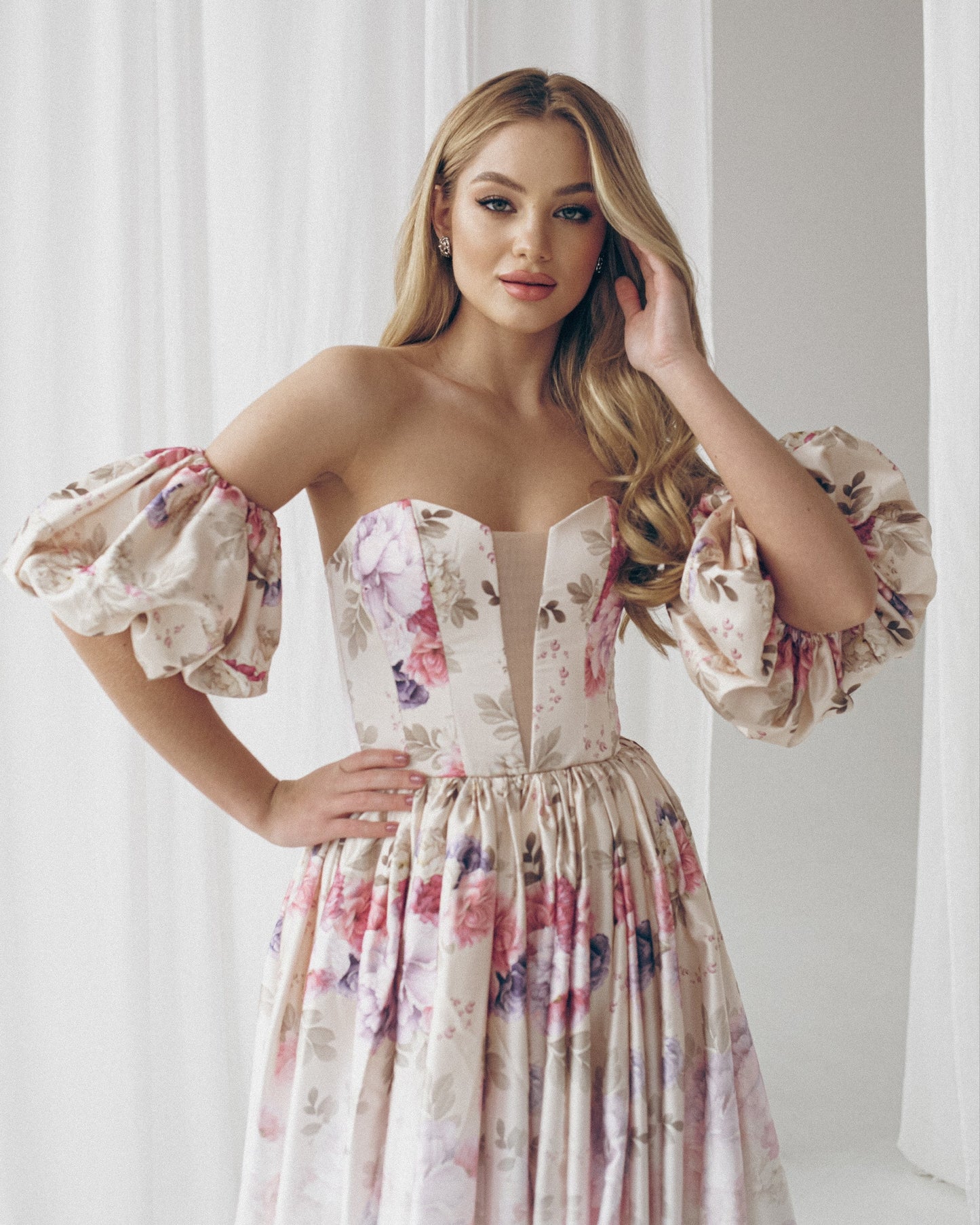 Alternative bride dress, Floral evening gown, Beige prom dress with detachable sleeves, bohemian wedding dress, summer gown, Homecoming gown
