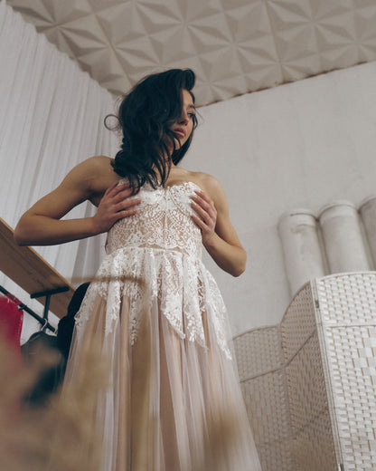 Beige Wedding dress, Boho Tan Wedding dress, Nude corset wedding  gown,  White Lace wedding dress, Fit and flare tulle dress for bride
