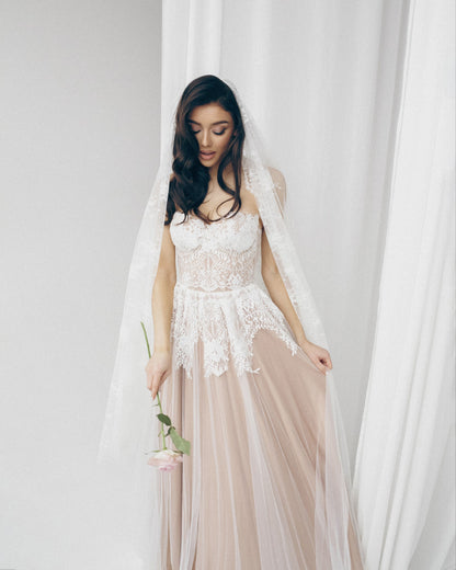 Beige Wedding dress, Boho Tan Wedding dress, Nude corset wedding  gown,  White Lace wedding dress, Fit and flare tulle dress for bride