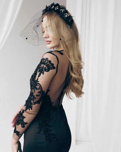 Black wedding dress long sleeves, Gothic Wedding Dress,  Black wedding gown, Black lace wedding dress, Black mermaid boho wedding dress