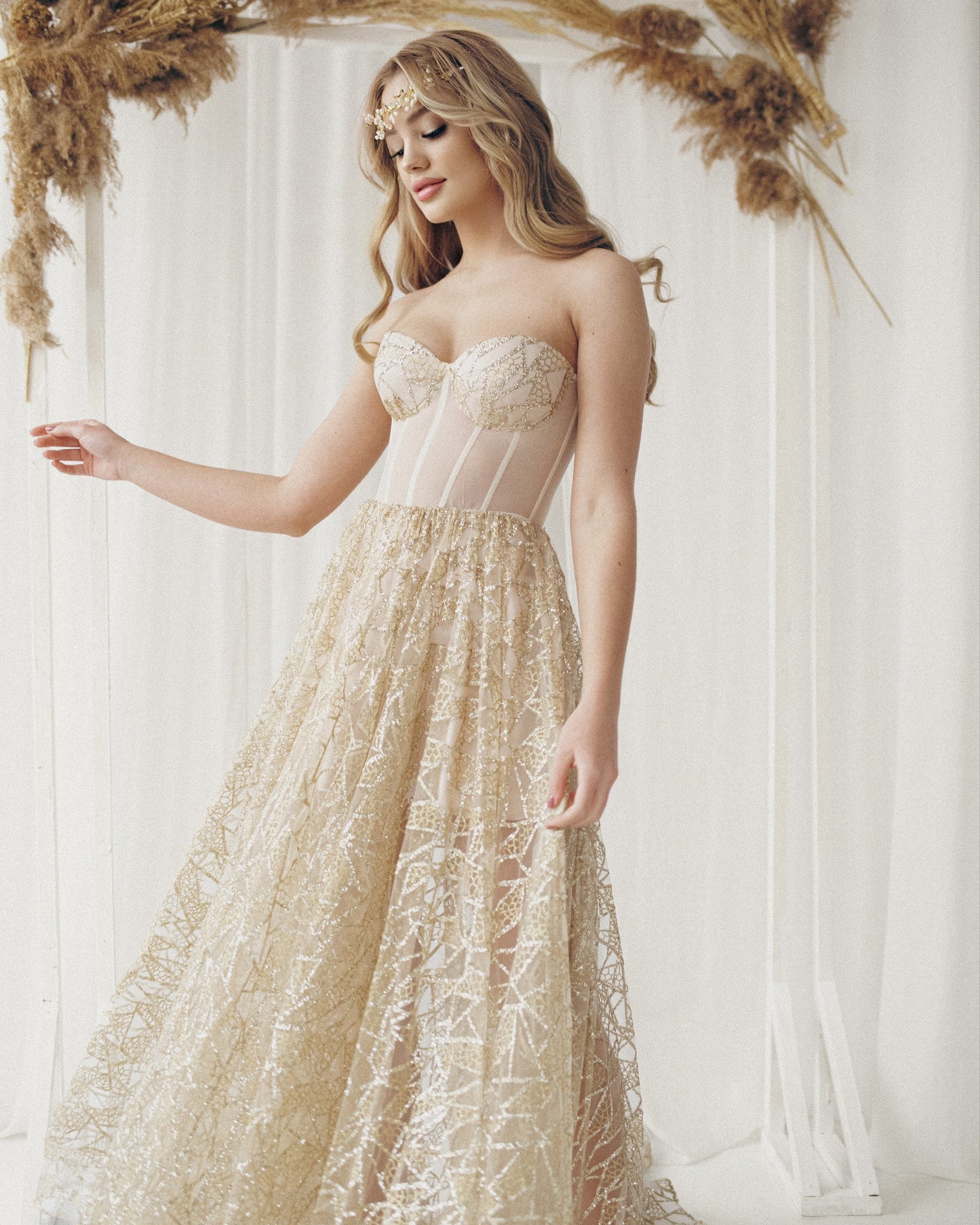 Golden Wedding dress, Bohemian Wedding dress, Sequin corset dress, Sparkling wedding gown, sequin wedding dress, golden tan prom dress