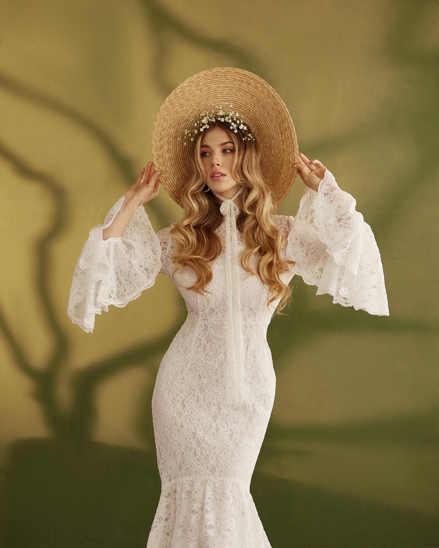 Simple wedding dress with long sleeves, Mermaid boho wedding dress modest, Lace wedding dress with train, Bell sleeves wedding gown