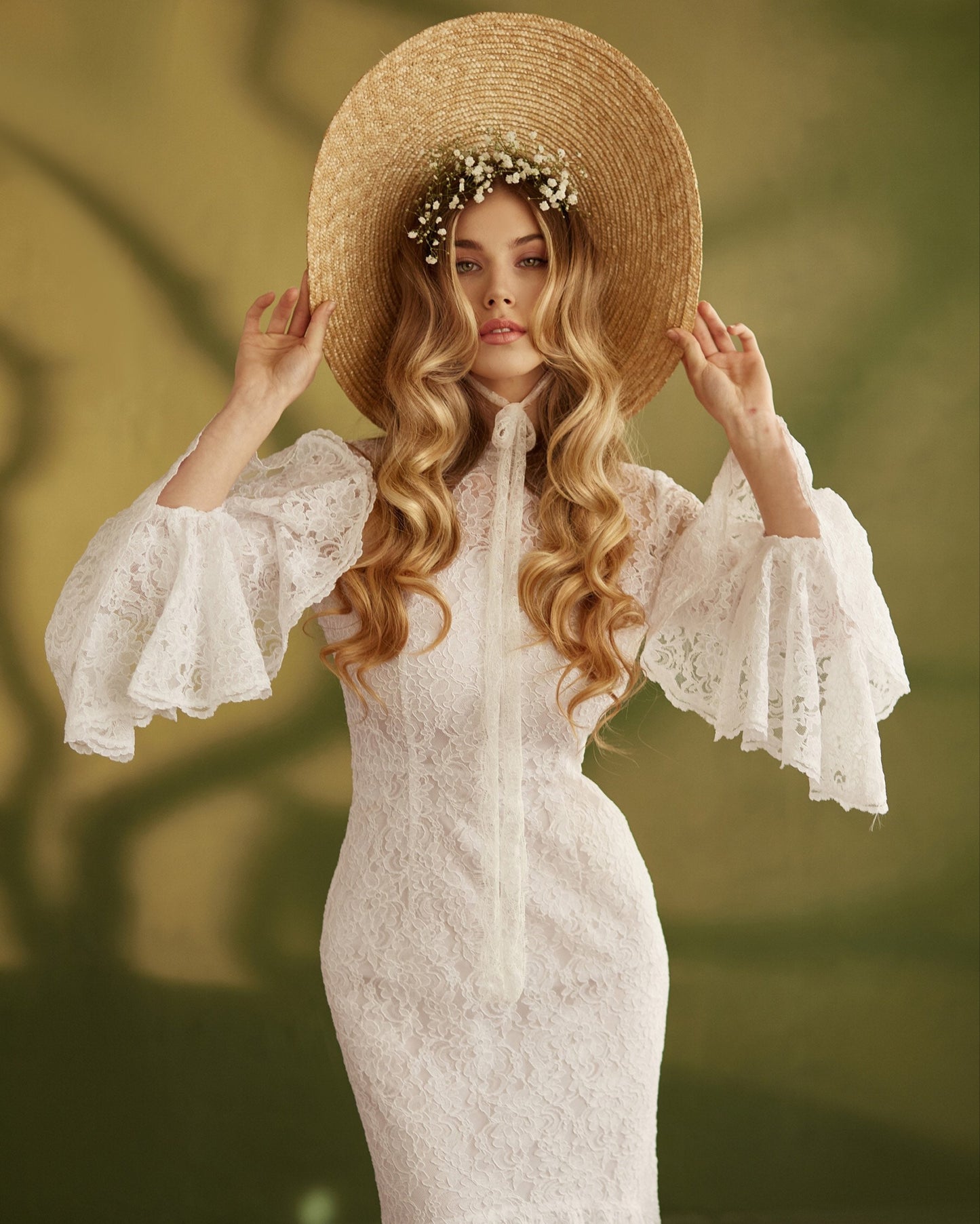 Simple wedding dress with long sleeves, Mermaid boho wedding dress modest, Lace wedding dress with train, Bell sleeves wedding gown