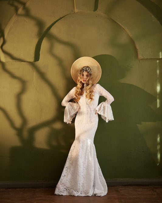 Simple wedding dress with long sleeves, Mermaid boho wedding dress modest, Lace wedding dress with train, Bell sleeves wedding gown