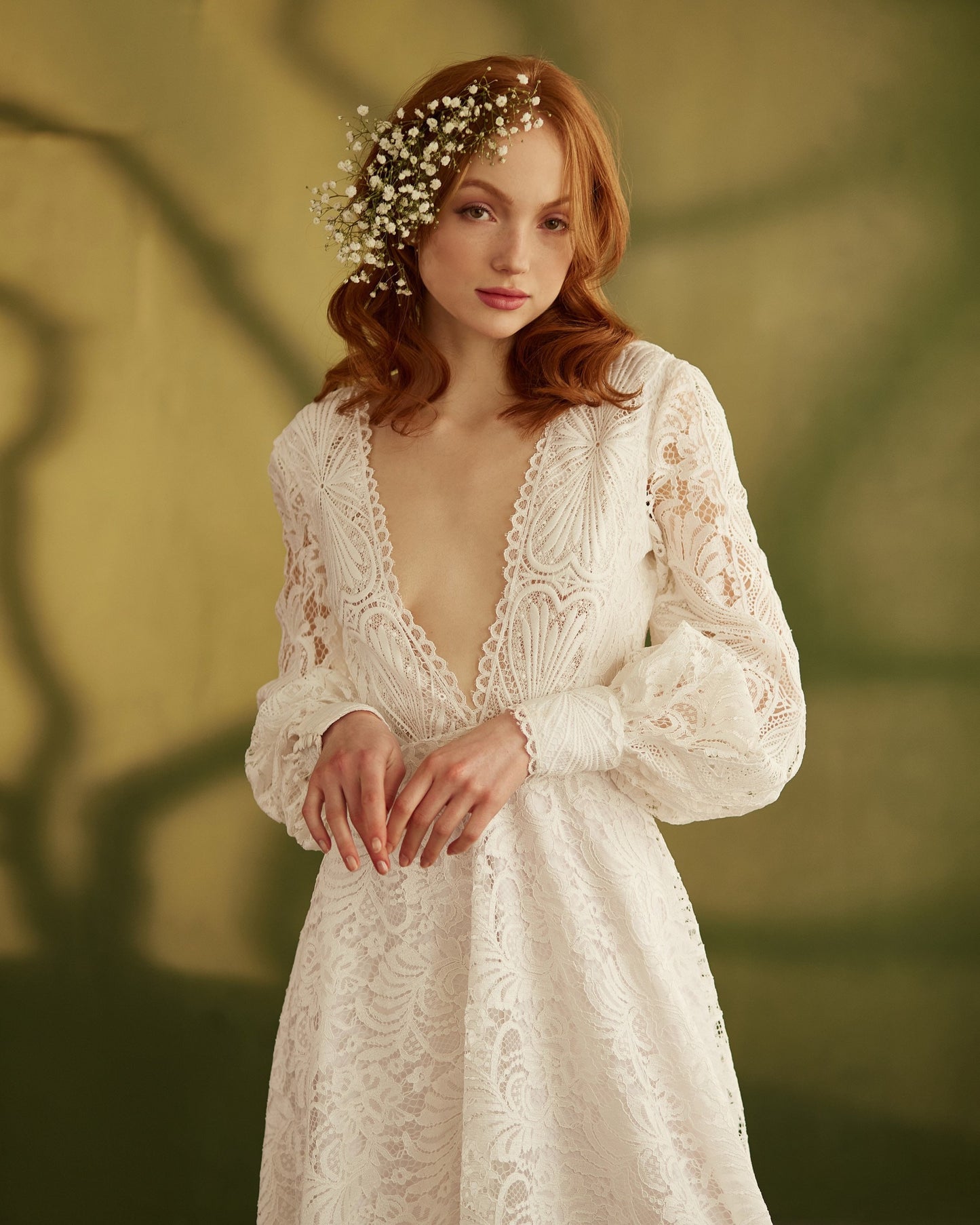 Boho wedding dress with open back long sleeves and dramatic train, V-neck wedding dress, Bohemian bride white lace gown