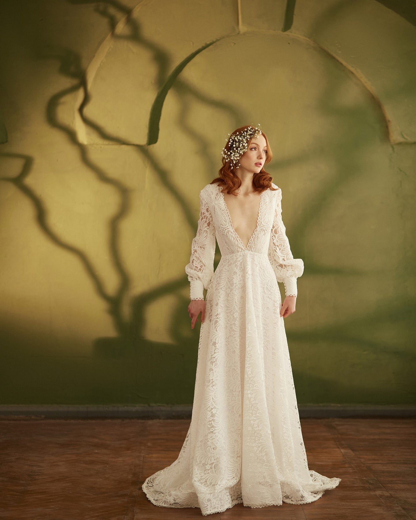 Boho wedding dress with open back long sleeves and dramatic train, V-neck wedding dress, Bohemian bride white lace gown