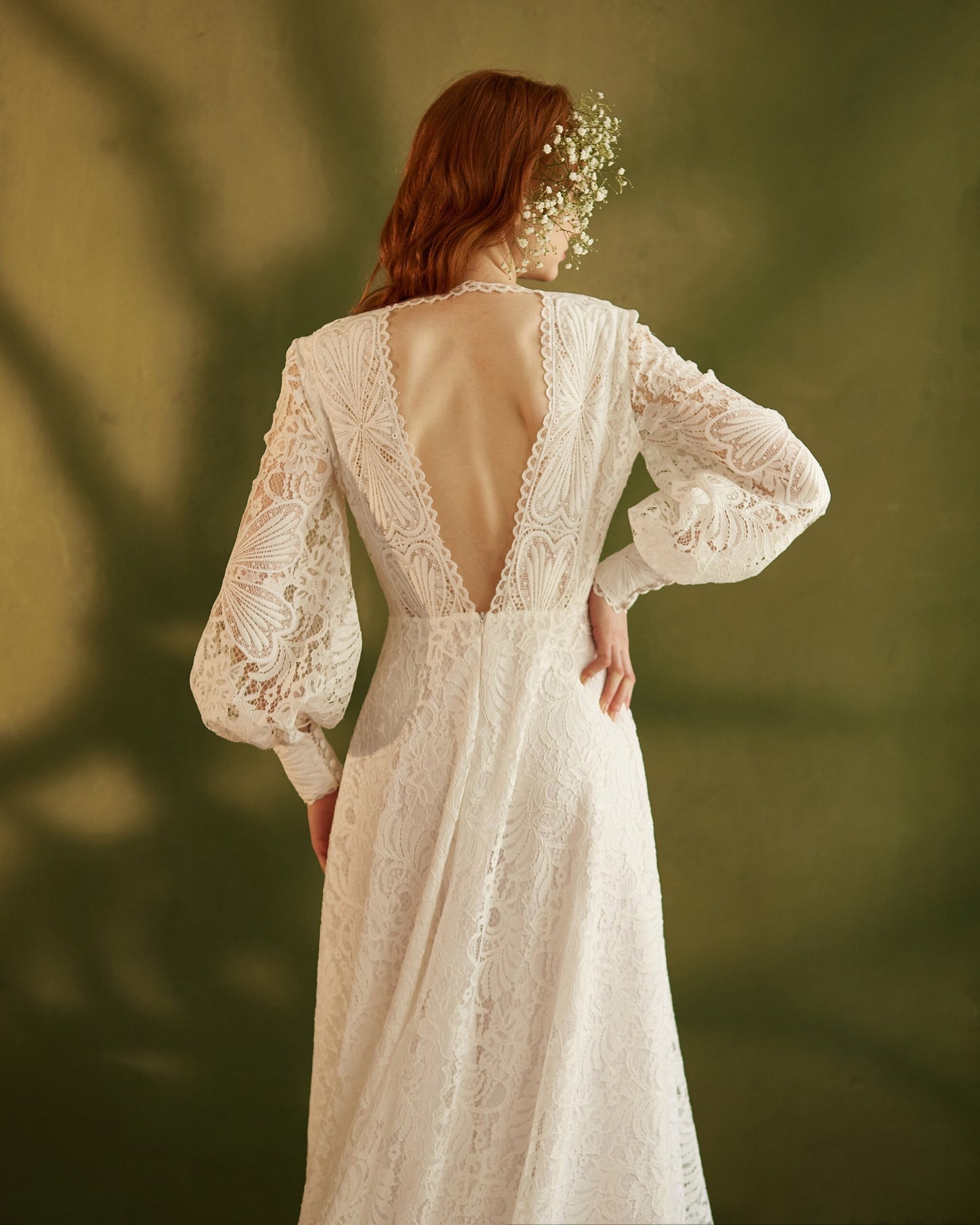 Boho wedding dress with open back long sleeves and dramatic train, V-neck wedding dress, Bohemian bride white lace gown