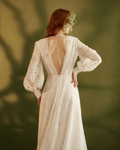 Boho wedding dress with open back long sleeves and dramatic train, V-neck wedding dress, Bohemian bride white lace gown