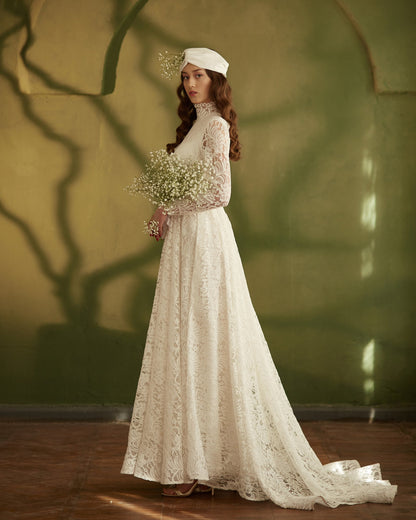 Modest wedding dress long sleeves fit and flare skirt , simple wedding dress, bohemian wedding gown from thick lace, rustic wedding dress