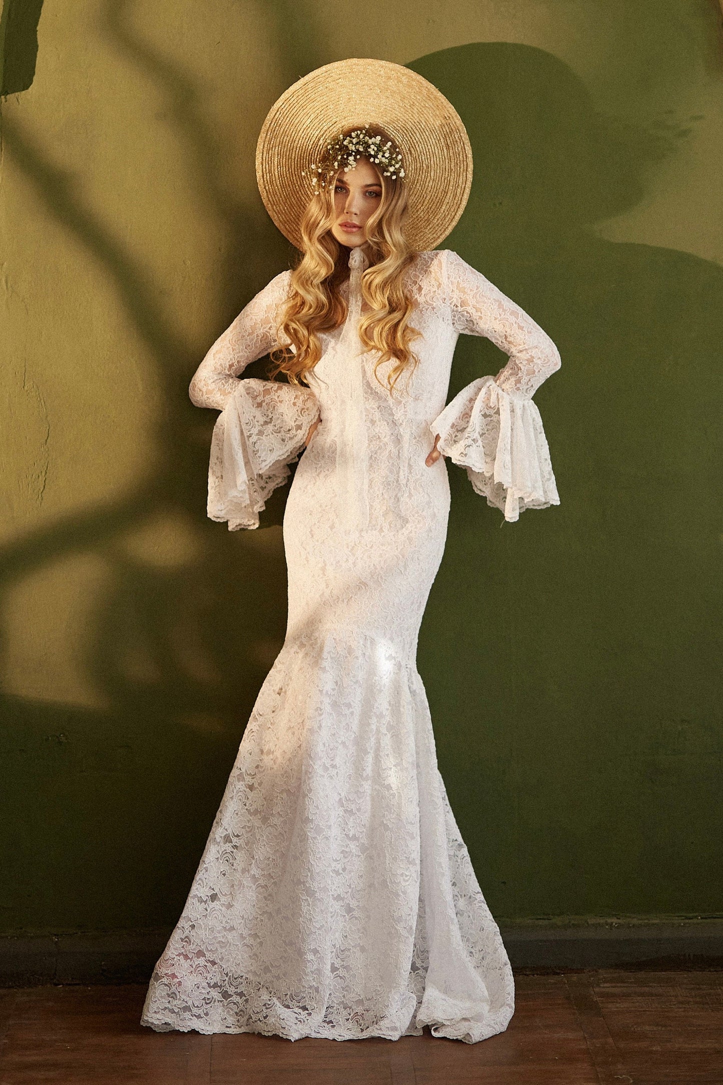 Simple wedding dress with long sleeves, Mermaid boho wedding dress modest, Lace wedding dress with train, Bell sleeves wedding gown