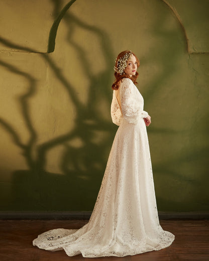 Boho wedding dress with open back long sleeves and dramatic train, V-neck wedding dress, Bohemian bride white lace gown