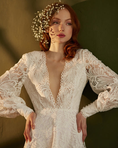 Boho wedding dress with open back long sleeves and dramatic train, V-neck wedding dress, Bohemian bride white lace gown