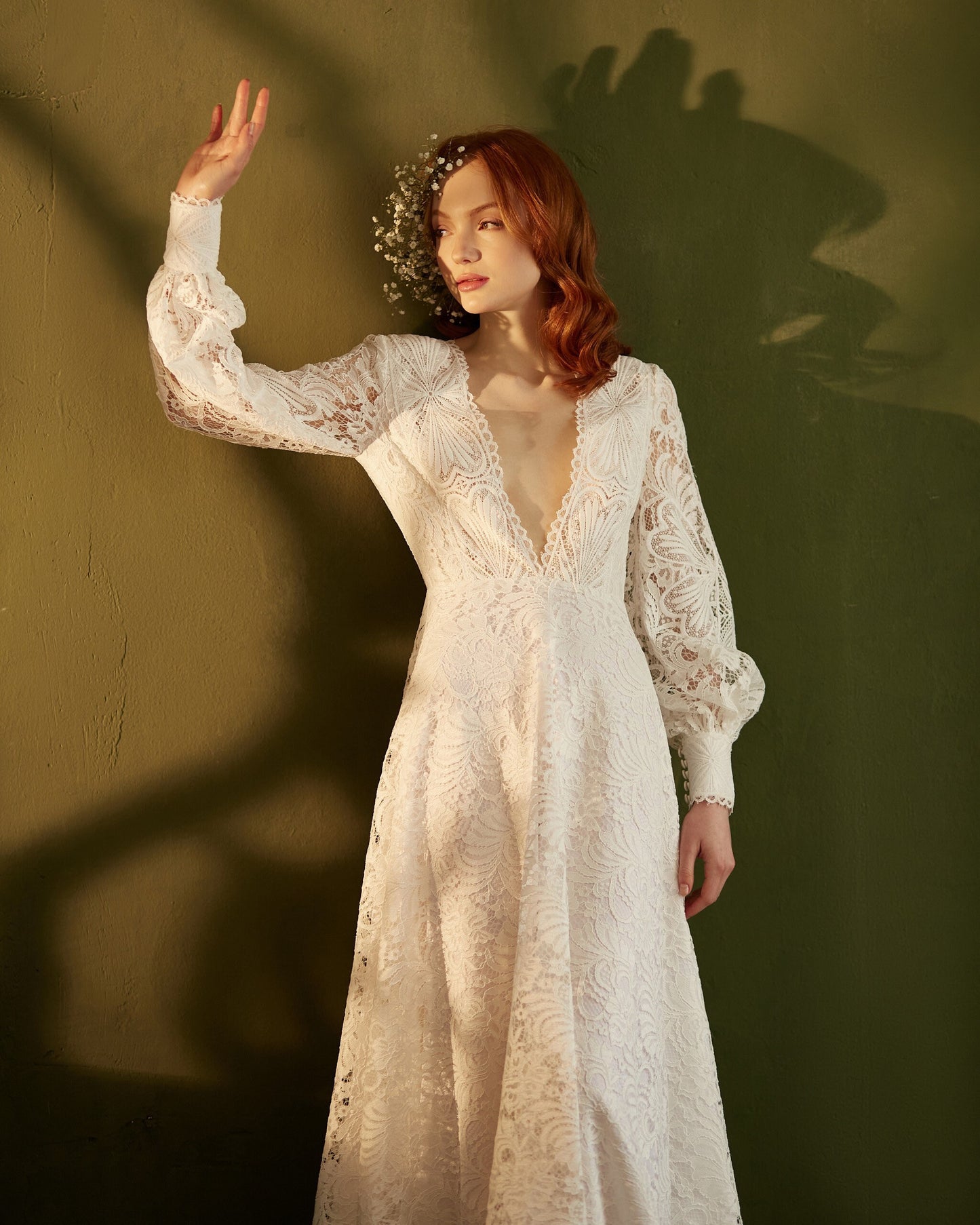 Boho wedding dress with open back long sleeves and dramatic train, V-neck wedding dress, Bohemian bride white lace gown