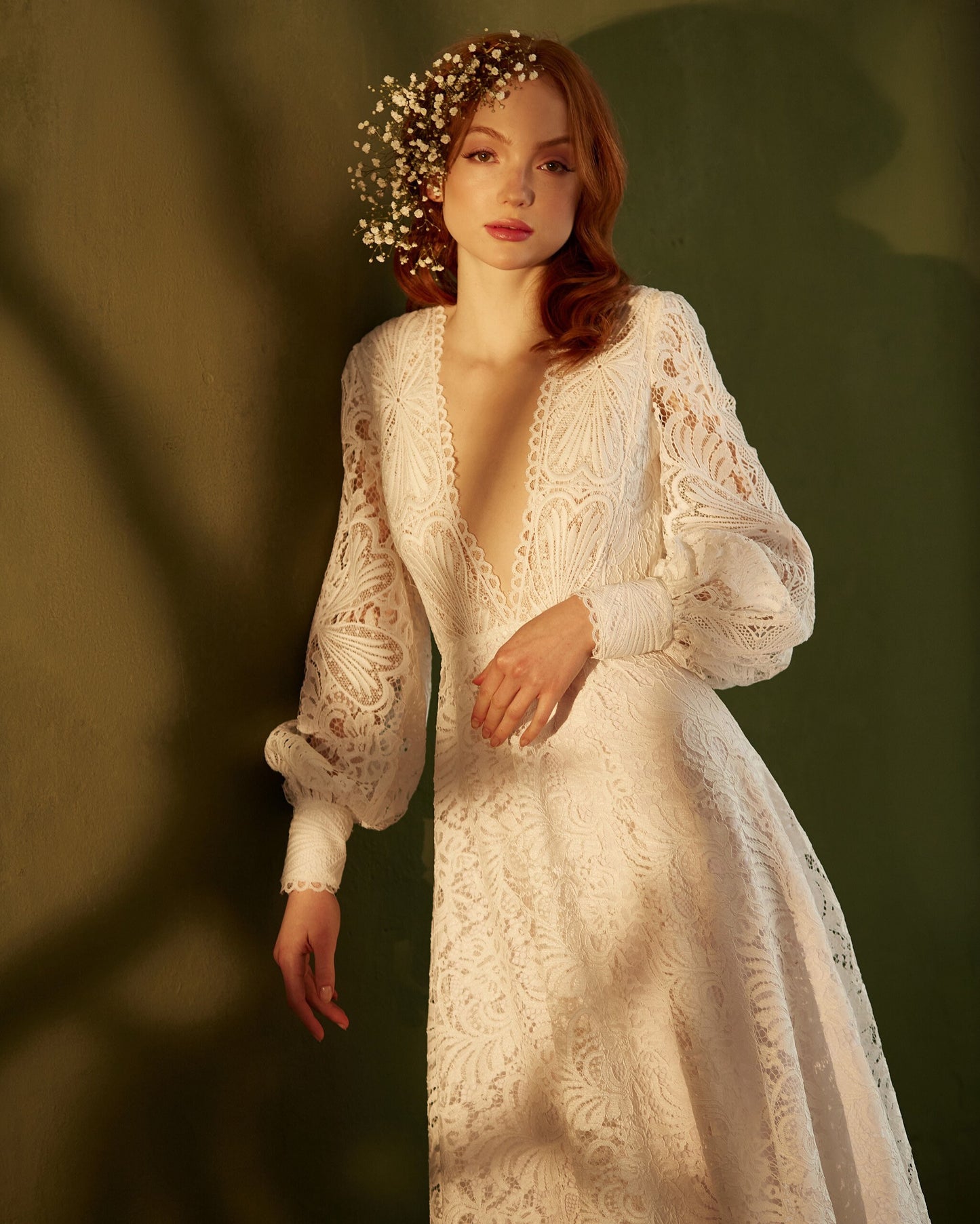 Boho wedding dress with open back long sleeves and dramatic train, V-neck wedding dress, Bohemian bride white lace gown