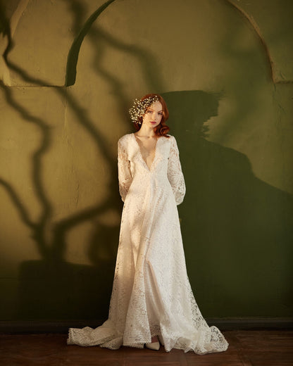 Boho wedding dress with open back long sleeves and dramatic train, V-neck wedding dress, Bohemian bride white lace gown