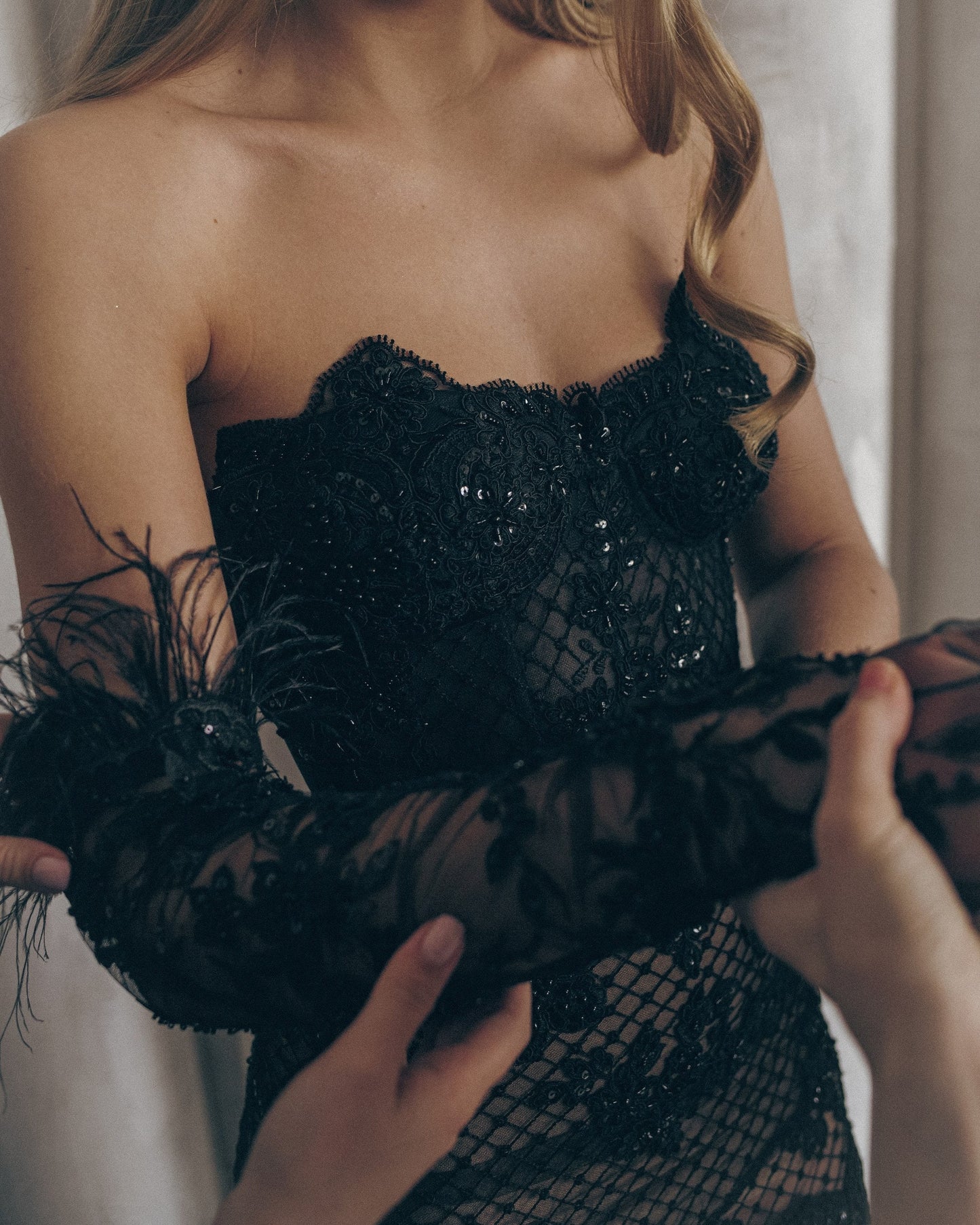 Gothic wedding gloves, embroidered evening gloves with feathers, white wedding gloves, tule mittens , alternative bride accessories